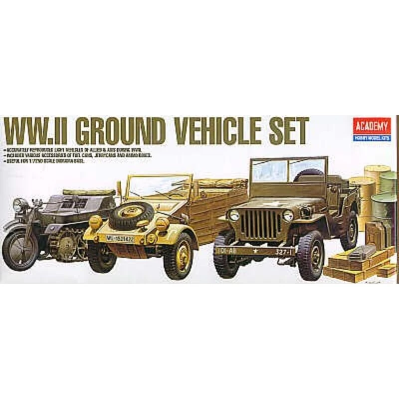 Academy WWII Vehicle Set. Kubelwagen Kettenkrad Willys Jeep Diorama Base Jerry Cans Crates. 4 Academy WWII Vehicle Set. Kubelwagen Kettenkrad Willys Jeep Diorama Base Jerry Cans Crates. - Image 2
