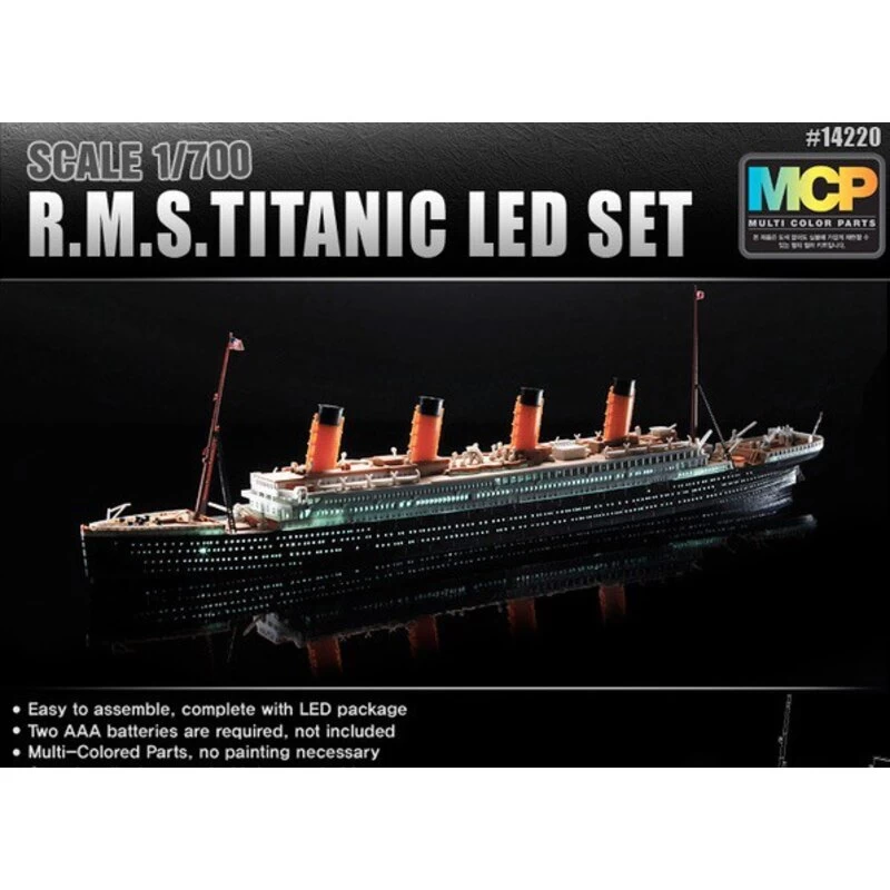 Academy R.M.S. Titanic + LED SetUpper Deck And Cabin Lighting EffectMCP (Multi Coloured Parts)LED Unit.Display Stand With Battery Holder 3 Academy R.M.S. Titanic + LED SetUpper Deck And Cabin Lighting EffectMCP (Multi Coloured Parts)LED Unit.Display Stand With Battery Holder
